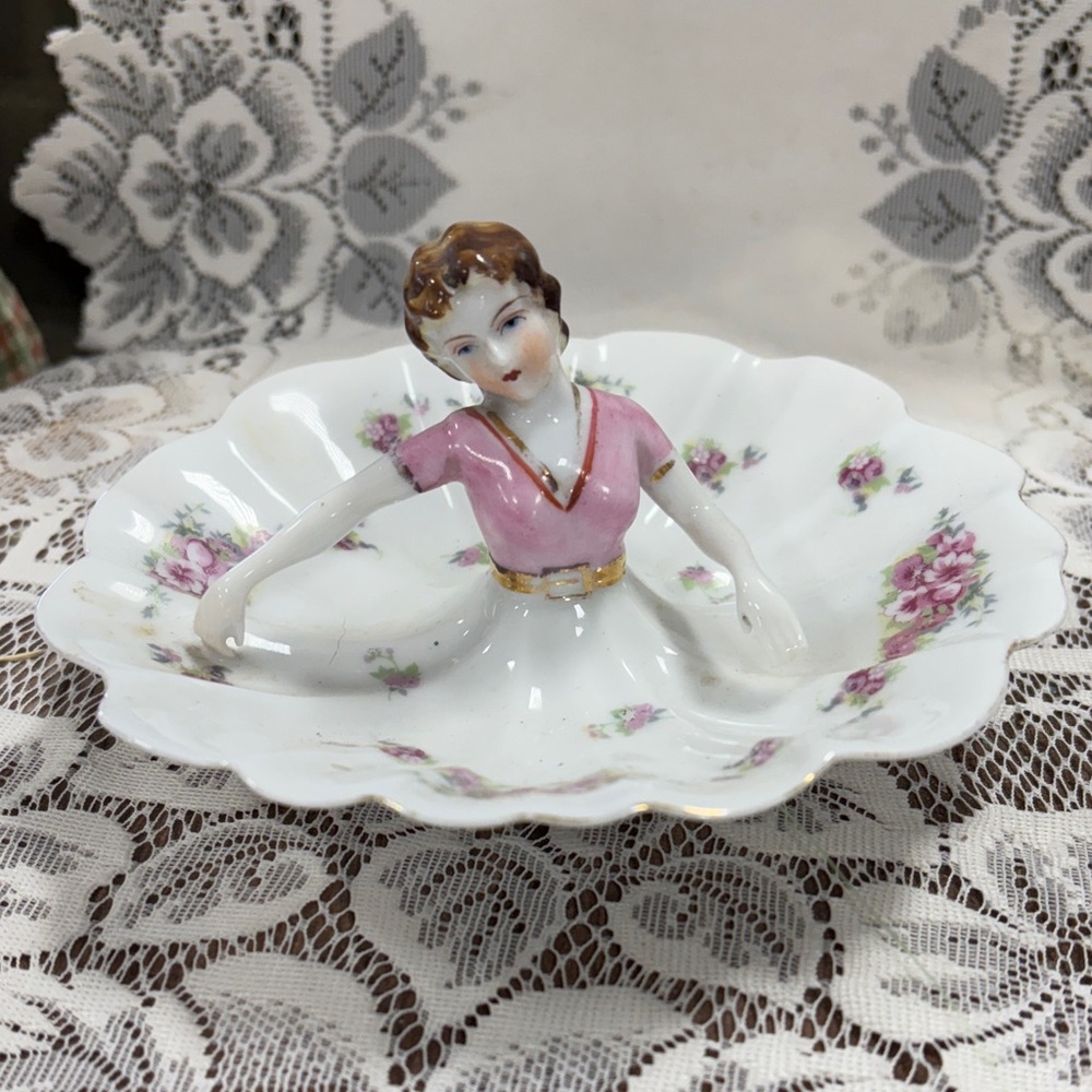 Porcelain Figurine Dish with Pink Accents trinket dish